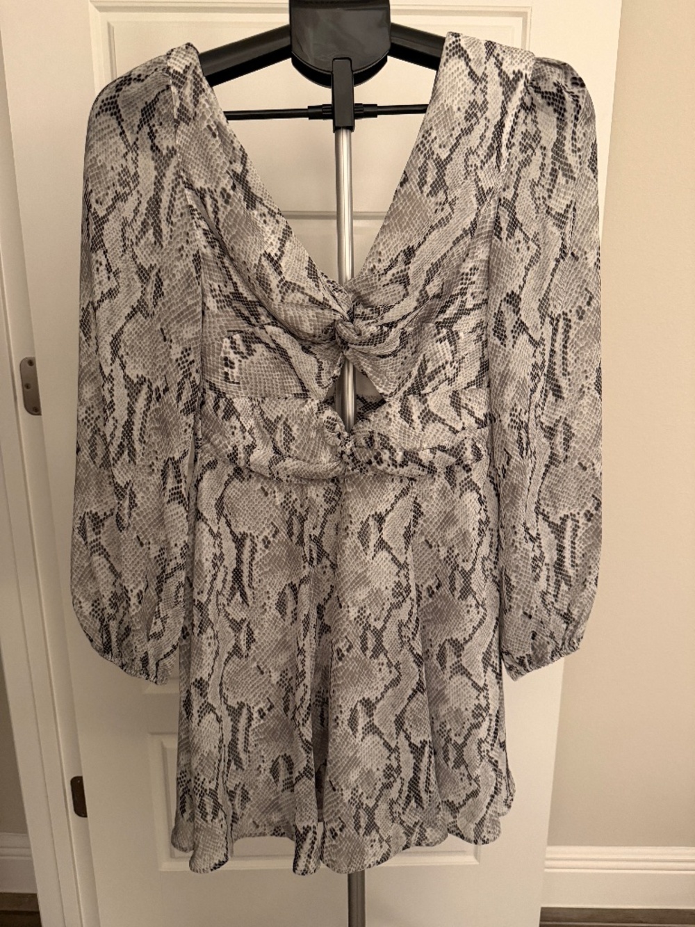 Express Snake-Print Long Sleeve Midi Dress Beige and Gray